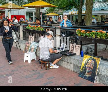 Straßenkünstler auf der Straße am Harvard Square, Cambridge, MA. Stockfoto