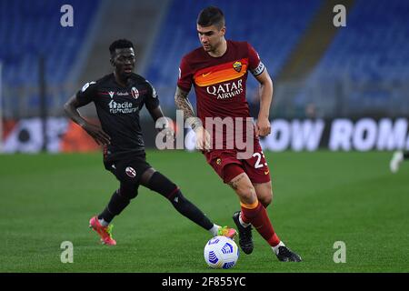 Rom, Latium. April 2021. Gianluca Mancini von Roma während des italienischen Fußballmatches der Serie A Roma gegen Bologna im Olympiastadion in Rom, Italien, 11. April 2021. Kredit: Unabhängige Fotoagentur/Alamy Live Nachrichten Stockfoto