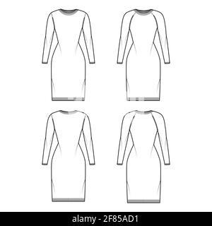 Set von R-Ausschnitt Kleid Pullover technische Mode Illustration mit langen Raglanärmeln, Slim Fit, knielang. Flatpullover-Bekleidung vorne, hinten, in weißer Farbgebung. Frauen, Männer Unisex-CAD-Modell Stock Vektor