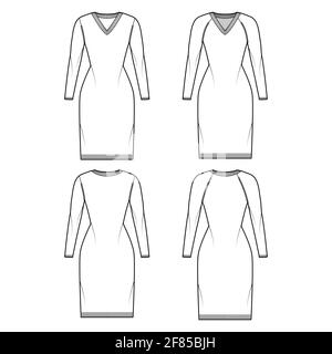 Set von V-Ausschnitt Kleid Pullover technische Mode Illustration mit langen Raglanärmel, Slim Fit, knielang, Rippenstrick Besatz. Flatpullover Bekleidung vorne, hinten, weiß. Frauen, Männer Unisex-CAD-Modell Stock Vektor
