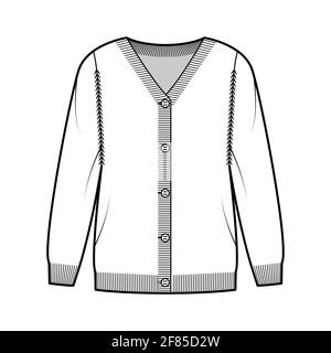 Pullover Cardigan technische Mode-Illustration mit V-Ausschnitt, langen Ärmeln, übergroß, Fingertipp Länge, Rippenstrick Besatz. Flatwear Front, in weißer Farbgebung. Frauen, Männer Unisex-CAD-Modell Stock Vektor