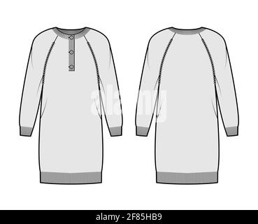 Kleid Pullover henley Hals technische Mode Illustration mit langen Raglanärmeln, Relax-Passform, knielang. Flatpullover Bekleidung vorne, hinten, grau. Frauen, Männer, Unisex-CAD-Modell Stock Vektor