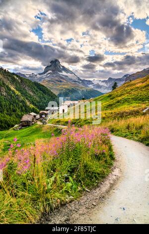 Blick auf das Matterhorn bei Findeln bei Zermatt, Schweiz Stockfoto