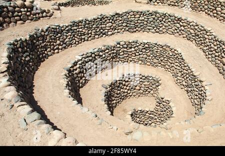 Cantalloc Aquädukt in Nazca, Spiral oder Kreis Aquädukte oder Brunnen, Peru, Inka Architektur und Kultur Stockfoto