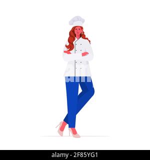 Weibliche Köchin in Uniform Frau Koch stehend Pose Kochen Essen Branchenkonzept Stock Vektor