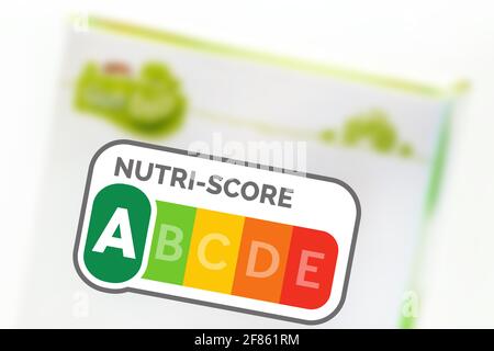 Nutri-Score-Symbol, Rating-Chart A . Nutri-Score ist ein Nährwertkennzeichnungssystem für Lebensmittel. Stockfoto