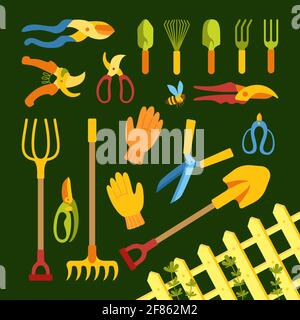 Gartengeräte, Schaufel Pitchfork und Rechen Cartoon-Set. Ausrüstung Beschneider, Schere. Arbeitswerkzeug für die Landwirtschaft Anbau Graben, Zaun Garten. Handgezeichnete Bauernhof Landschaftsgestaltung Sammlung Vektor Illustration Stock Vektor