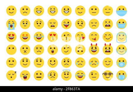 Symbol für Emoji-Gesicht eingestellt. Verschiedene Arten flacher Emoticon Smile Kollektion. Symbol für Stimmung oder Gesichtsemotion. Gesichter, die lachen, fröhlich, traurig, wütend sind. Emoticons in Maske. Isoliert auf weißer Vektorgrafik Stock Vektor