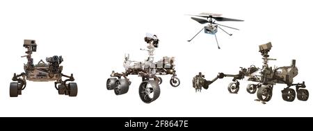 mars Rover und Einfallshubschrauber isoliert auf weißen Hintergrundelementen Dieses Bildes, das von der NASA 3D-Illustration eingerichtet wurde Stockfoto
