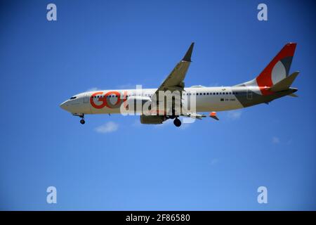 salvador, bahia, brasilien - 17. januar 2021: Boeing 737 MAX 8 PR-MXD, Flugzeug der Firma Gol Linhas Aereas bei der Landung auf der Landebahn Stockfoto