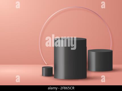 3D realistisch leer minimal schwarz Zylinder Form beige Farbe Studio Zimmer Hintergrund minimales Design mit Ring Hintergrund und Beleuchtung. Szene, in der cosme gezeigt wird Stock Vektor