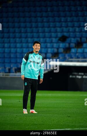 Cornella, Spanien. April 2021. Wu Lei von RCD Espanyol erwärmt sich vor einem Fußballspiel der zweiten spanischen Liga zwischen RCD Espanyol und CD Leganes in Cornella, Spanien, am 11. April 2021. Quelle: Joan Gosa/Xinhua/Alamy Live News Stockfoto