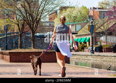 Nahaufnahme einer jungen blonden Frau, die im Park joggt, während sie ihren Hund an der Leine führt. Sie Band ihre Kleider um ihre Taille. Sie trägt Wasserbot Stockfoto