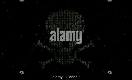 Sci-Fi futuristischer Schädel mit Matrix-Codierungsfarben auf dunklem Hintergrund Stockfoto