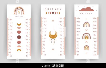 Set von Kindern Höhe Tabelle. Meterwand mit niedlichem Boho-Regenbogen und Mond. Vektor-Illustration im Doodle-Cartoon-Stil. Kindliche Wachstumskarte. Poster Stock Vektor