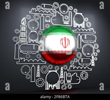 Symbole für Energie und Energie eingestellt. Design-Konzept der Erdgasindustrie. Hintergrund mit Symbolen für industrielle Linien. 3D-Rendering. Flagge des Iran Stockfoto