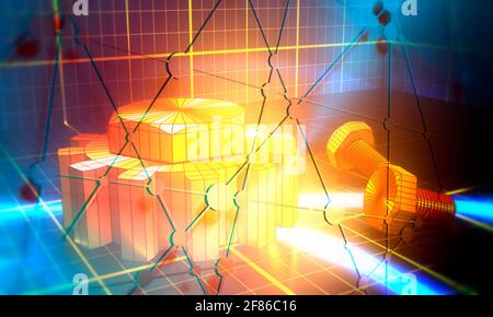 Industrie Thema relativ abstrakt hintergrund Konzept. Blue Print Kulisse. Wire frame Gang und Schrauben. Golden Material. 3D-Rendering Stockfoto