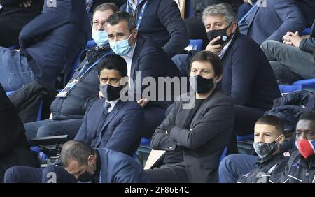 Präsident der PSG Nasser Al Khelaifi, Sportdirektor der PSG Leonardo Araujo, vor Nasser Präsident des RC Strasbourg Marc Keller während des Fußballspiels der französischen Ligue 1 zwischen dem RC Strasbourg Alsace (RCSA) und Paris Saint-Germain (PSG) am 10. April 2021 im Stadion La Meinau in Straßburg, Frankreich - Foto Jean Catuffe / DPPI / LiveMedia Stockfoto