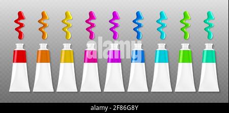 Satz von Farben Röhren mit Blots Draufsicht, bunte Palette mit Öl oder Acryl-Farbstoff in Metall-Aluminium-Flaschen mit weißen Schraubverschlüssen isoliert auf transparentem Hintergrund, realistische 3d-Vektor-Illustration Stock Vektor