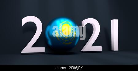 2021 Happy New Year Hintergrund für saisonale Grußkarten oder weihnachtliche Einladungen. Flagge Kasachstans. 3D-Rendering Stockfoto