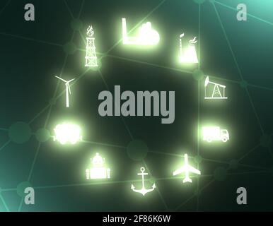 Symbole für Energie und Energie eingestellt. Nachhaltige Energieerzeugung und Schwerindustrie. 3D-Rendering Stockfoto
