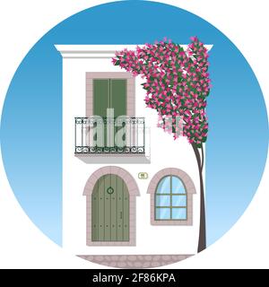 Mediterranes Haus mit Bougainvillea Baum Stock Vektor