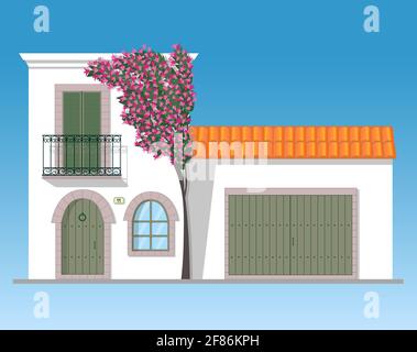 Mediterranes Haus mit Bougainvillea Baum Stock Vektor
