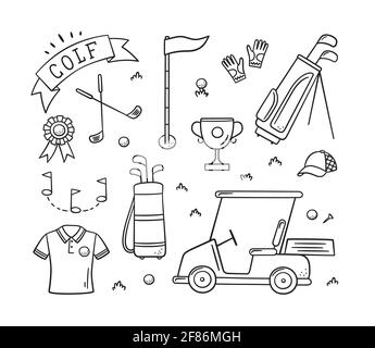 Golfausrüstung und Golfer im Doodle-Stil. Club, Tasche und Golfwagen. Handgezeichnete Vektorgrafik Stock Vektor