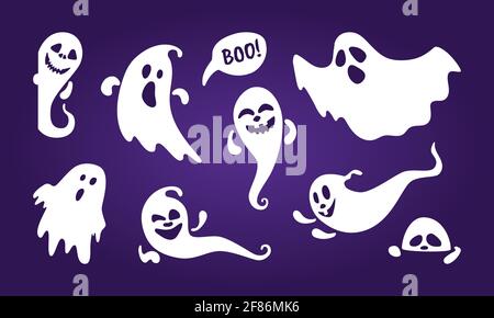 Niedliche Geist Urlaub Zeichen flachen Stil Design Vektor Illustration Set isoliert auf dunklem Hintergrund. Halloween Haunted boo gruseliges Symbol, das über dem Bild fliegt Stock Vektor