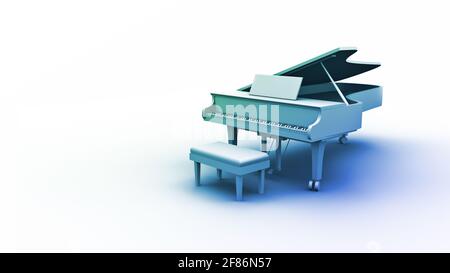 Minimales Konzertflügel-Musikkonzept, 3D-Rendering mit hohem Winkel. Ein heller weißer Vorlagenhintergrund mit Platz für Text Stockfoto