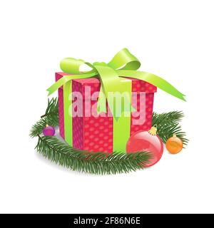 Die Vektorgrafik für die Winterferien ist auf weißem Hintergrund isoliert. Es gibt eine rote Geschenkbox mit einem grünen Band, Tannenzweigen Stock Vektor