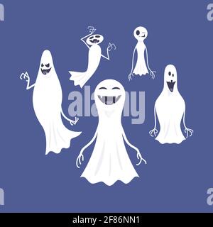 Das Set von niedlichen Cartoon Geister in der flachen Stil sie lächeln und machen Gesichter das Set ist auf einem blauen Hintergrund isoliert. Stock Vektor