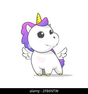 Das niedliche weiße Cartoon-Einhorn mit goldenem Horn, Hufen und weißen Flügeln hat auch eine lila Mähne und einen Schwanz ist es auf einem weißen Hintergrund isoliert. Stock Vektor