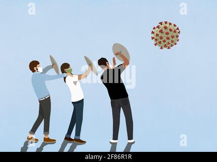 Menschen in Gesichtsmasken mit Schilden, die vor Coronaviren schützen Stockfoto