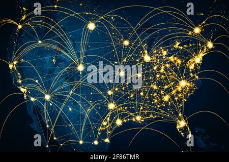 USA Netzwerk-Verbindung, die die Nation mit Linien der innovativen Wahrnehmung . Konzept der digitalen 5G-Funkverbindung und Zukunft im Internet Stockfoto