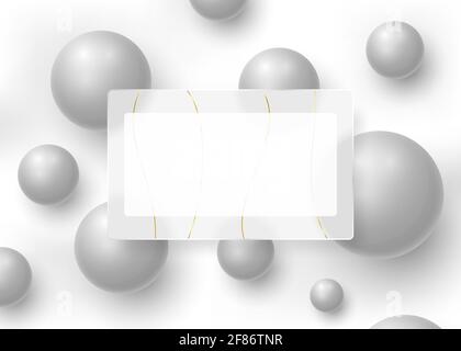 Abstrakter Hintergrund mit einem gläsernen matten Rahmen mit goldenen Linien vor dem Hintergrund dynamischer Silberkugeln. Vektorgrafik. Stock Vektor