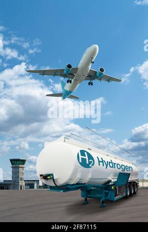 Flugzeug und Wasserstofftankanhänger auf dem Hintergrund des Flughafens. Neue Energiequellen Stockfoto