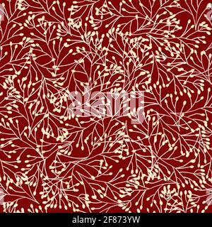 Nahtlose Natur Pflanzen Hintergrund burgunderrot kastanienbraun weiß beige handgezeichnete Zweige. Kontur Wildgras floralen Wiederholung abstrakten Muster Textur für Stockfoto