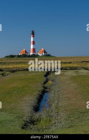 Leuchtturm Westerheversand, Westerhever, Eiderstedt, Nordfriesland, Schleswig-Holstein, Deutschland Stockfoto
