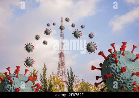 Covid-19 Coronavirus fliegt aus dem 5g Tower 3D-Bild heraus Stockfoto