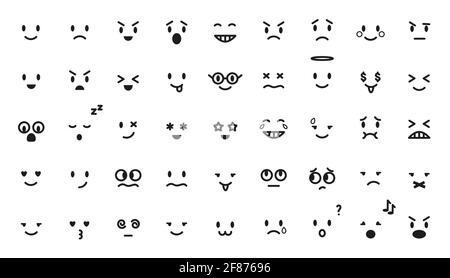 Cartoon schwarze Linie Emoji-Set. Vector flache Emoticon Kollektion isoliert auf weiß. Stimmung und Gesichtslächeln. Lustig, wütend, glücklich und traurig Gesichter Web-Icons für die Nachricht. Stock Vektor