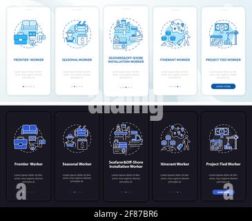 Eingewanderte Arbeitnehmer Typen Onboarding mobile App Seite Bildschirm mit Konzepten Stock Vektor