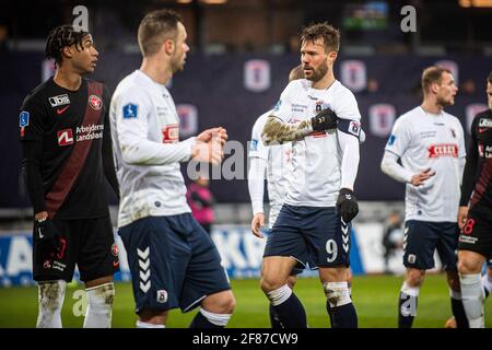 Aarhus, Dänemark. April 2021. Patrick Mortensen (9) von der AGF beim 3F Superliga-Spiel zwischen Aarhus GF und FC Midtjylland im Ceres Park in Aarhus. (Foto: Gonzales Photo/Alamy Live News Stockfoto