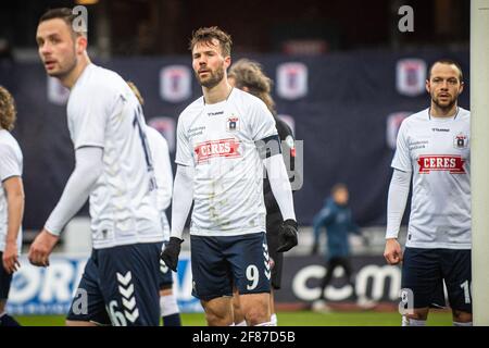 Aarhus, Dänemark. April 2021. Patrick Mortensen (9) von der AGF beim 3F Superliga-Spiel zwischen Aarhus GF und FC Midtjylland im Ceres Park in Aarhus. (Foto: Gonzales Photo/Alamy Live News Stockfoto