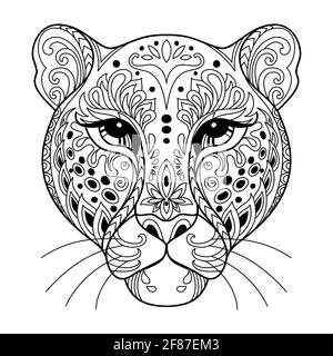 Kopf des Leoparden. Abstrakte Vektorkonturdarstellung isoliert auf weißem Hintergrund. Für Erwachsene Anti Stress Malbuch Seite mit Doodle und zentangle Stock Vektor