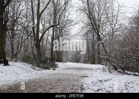 Verschneite Strecke in Hamsptead Heath an einem kalten Tag im Winter in London, England, Großbritannien aufgenommen Stockfoto