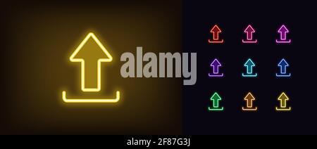 Neon-Upload-Symbol. Leuchtendes Neon-Upload-Schild, umreiß-Pfeil-Piktogramm in lebendigen Farben. Online-Datenspeicherung, Hochladen von Informationen, Interaktion mit Dateien Stock Vektor