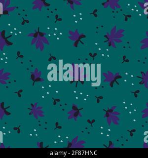 Nahtloses Blumenmuster. Mode Textilmuster mit kleinen violetten Blüten und Blättern auf blauem Hintergrund. Vektorgrafik Stock Vektor