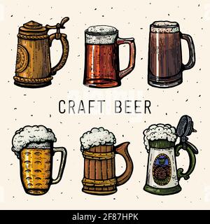 Craft Beer. Gravur von Bierkrügen im Retro-Stil. Handgezeichnete Craft-Bierbecher. Vintage Gravur Illustration für Plakat Oktoberfest. Pint-Skizzenstil Stock Vektor