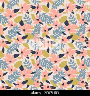 Nahtloses Blumenmuster. Modisches Textilmuster mit dekorativen Blättern, Blumen und Zweigen in Pink. Vektorgrafik Stock Vektor